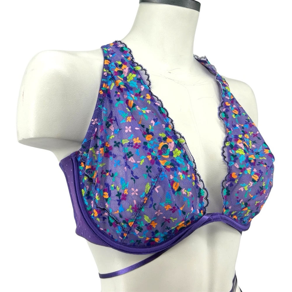 NWT Savage x Fenty Steamy Floral Unlined Lace Bra Purple Royale Romance In Bloom - Picture 6 of 15